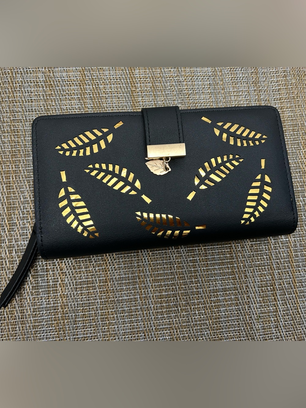 Black Wallet with Gold Leaf Cutouts - Women's Wristlet